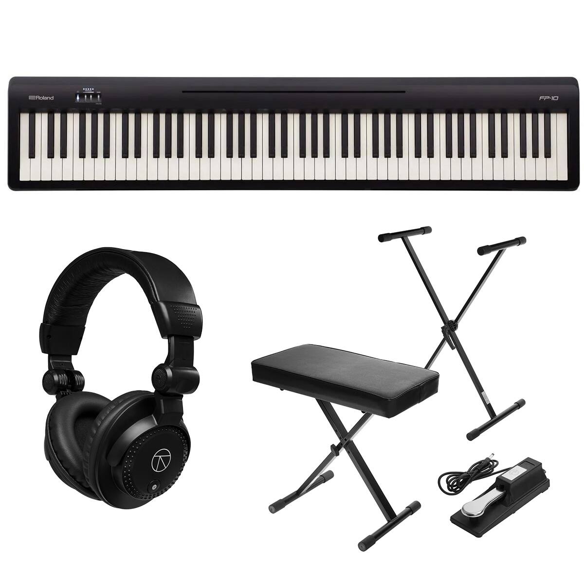 - Roland FP-10
- Headphones
- Bench
- Pedal