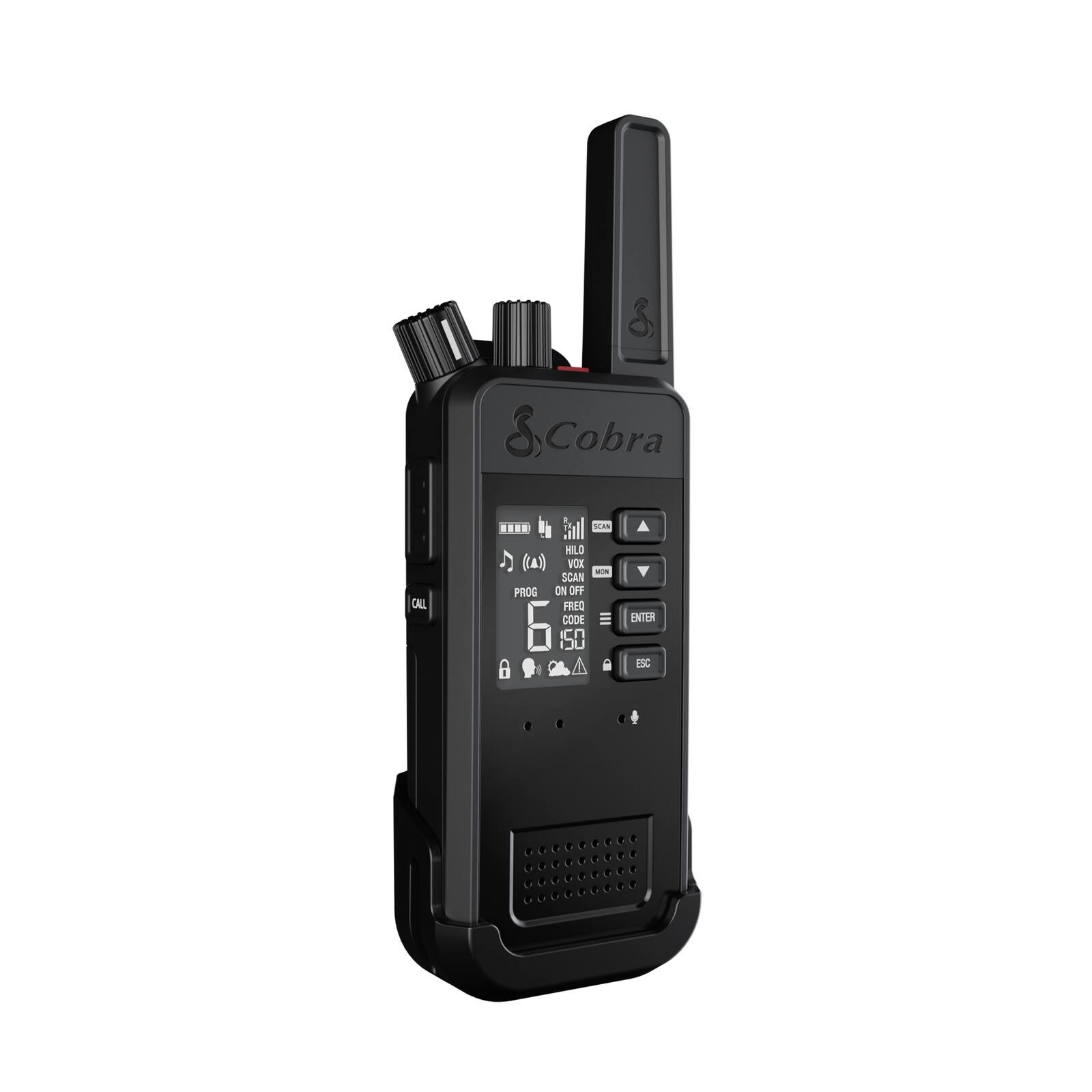 The image features a black Cobra radio with a display screen. The radio has a VOX function, which allows hands-free communication. The radio also has a scan function that can be turned on or off. Additionally, the radio has a frequency of 3000, which can be accessed by pressing the "Cn" button followed by the "JU" button. The "ENTER" button is also present on the radio, allowing the user to access various functions and settings.