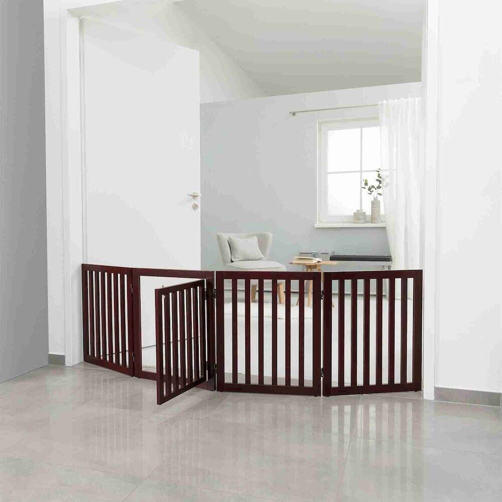 Angle. TRIXIE - 4-Panel Convertible Wooden 80" Freestanding Pet Gate - Pen with Pet Door, Brown - Espresso Brown.