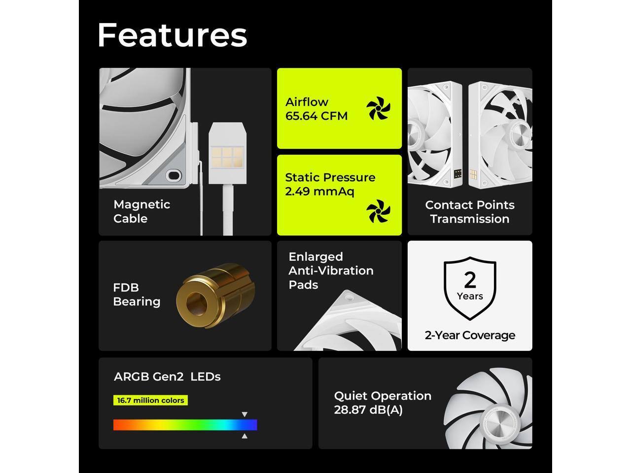 Features:
- Airflow: 65.64 CFM
- Magnetic Cable
- Static Pressure: 2.49 mmAq
- Contact Points Transmission
- FDB Bearing
- Enlarged Anti-Vibration Pads
- 2 Years (2-Year Coverage)
- ARGB Gen2 LEDs (16.7 million colors)
- Quiet Operation: 28.87 dB(A)