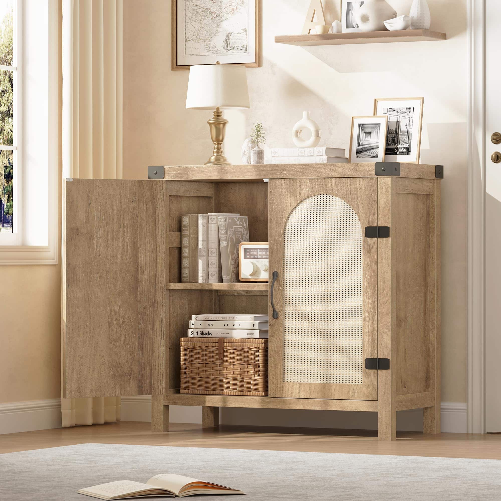 Qeetex - Rattan Sideboard Buffet Cabinet with Storage, Farmhouse Kitchen Accent Cabinet with Drawer - Oak