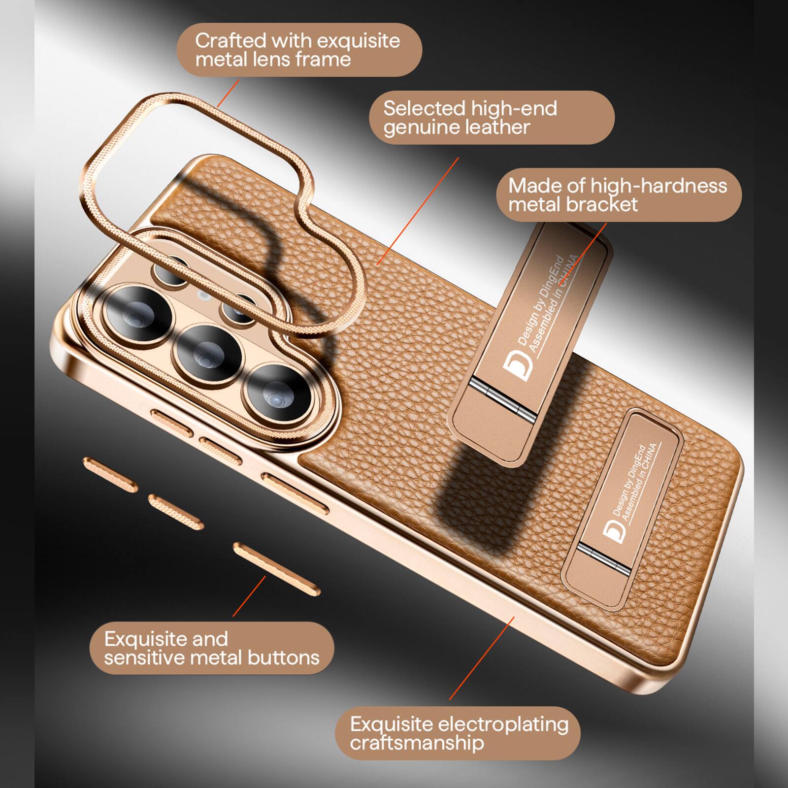 Crafted with exquisite metal lens frame  
Selected high-end genuine leather  
Made of high-hardness metal bracket  
Exquisite and sensitive metal buttons  
Exquisite electroplating craftsmanship