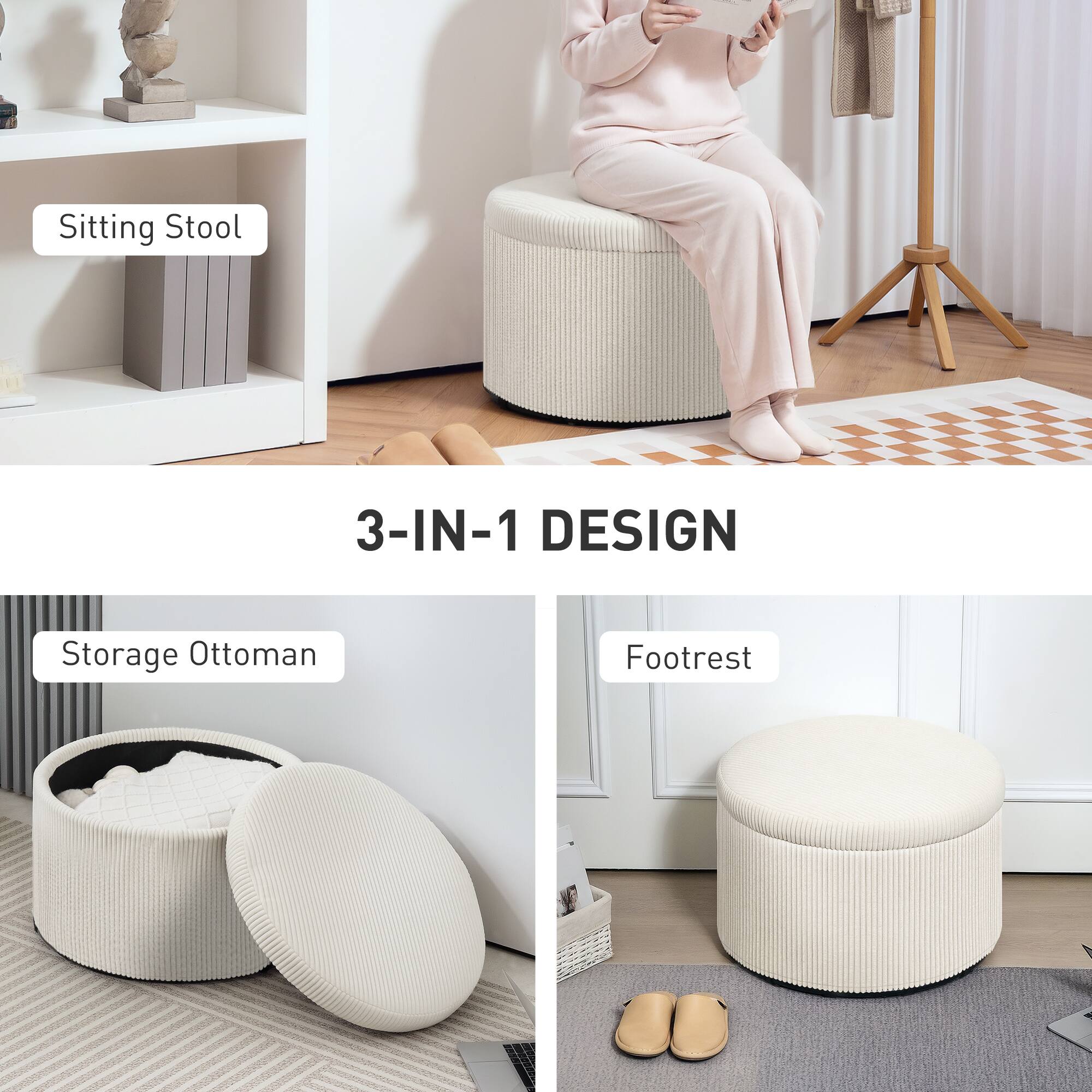 Sitting Stool, 3-IN-1 DESIGN, Storage Ottoman, Footrest
