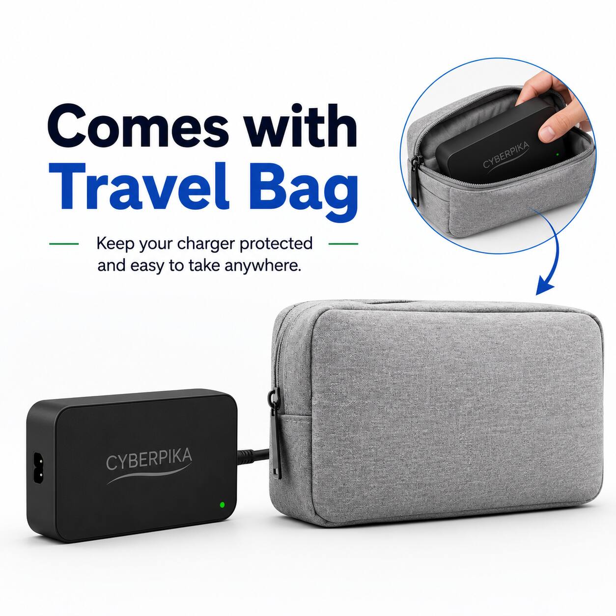 Comes with Travel Bag  
Keep your charger protected and easy to take anywhere.  
CYBERPIKA