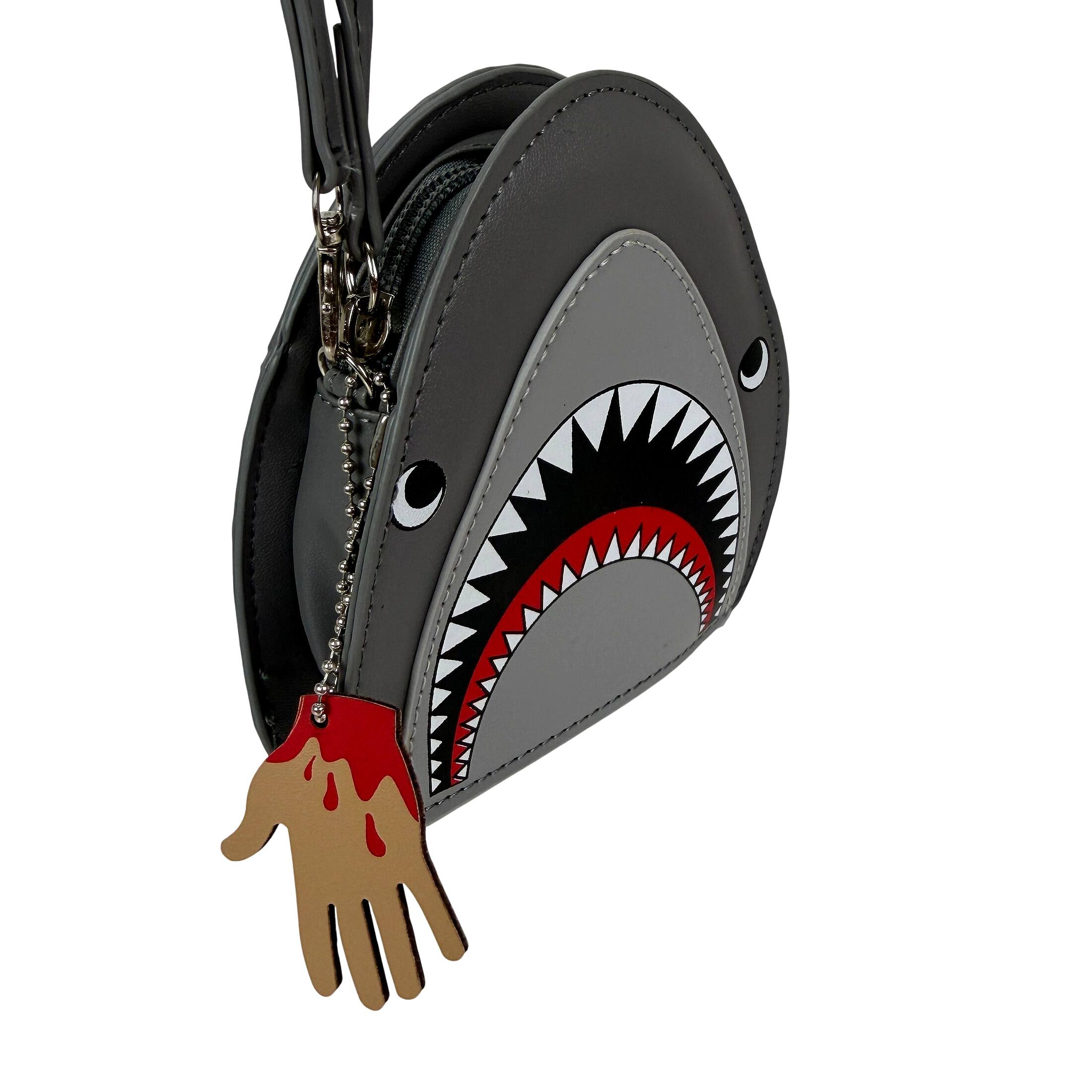 Alt View 1. Things2Die4 - Shark Wristlet Handbag Halloween Grey Vinyl Coin Purse with Hand Charm Zipper - Grey.