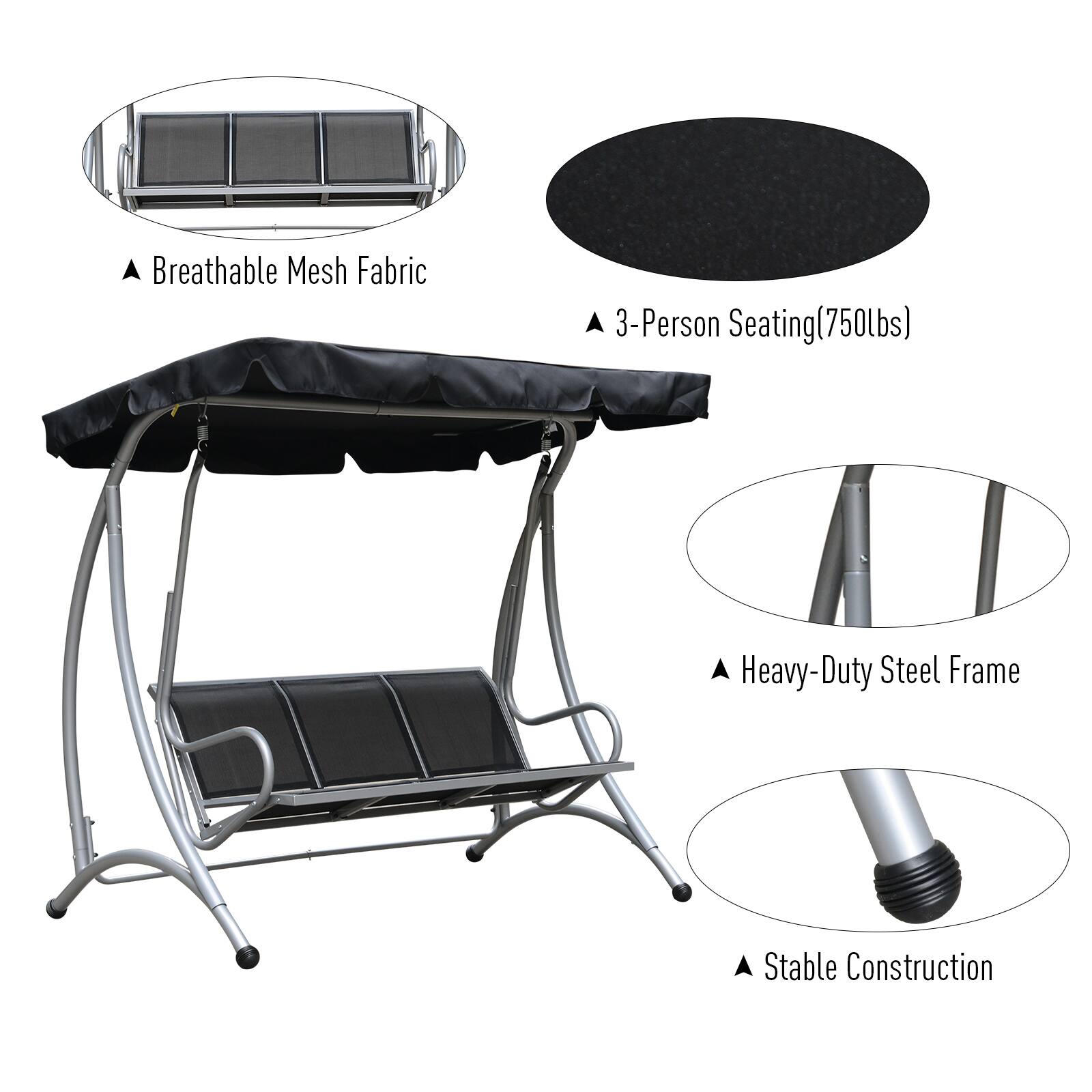 Breathable Mesh Fabric, 3-Person Seating (750lbs), Heavy-Duty Steel Frame, Stable Construction