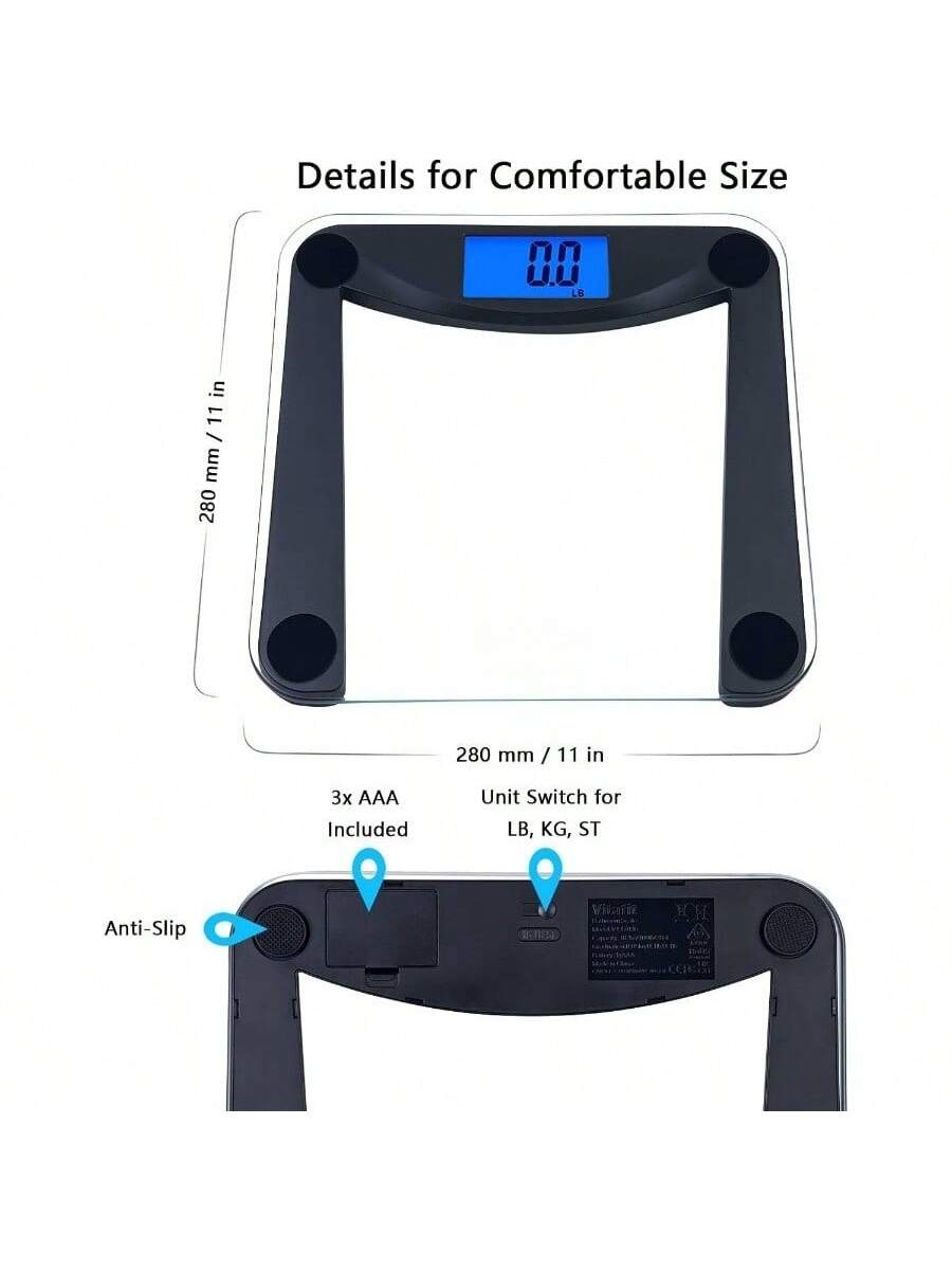 Details for Comfortable Size

- 280 mm / 11 in
- 280 mm / 11 in
- 3x AAA Included
- Unit Switch for LB, KG, ST
- Anti-Slip