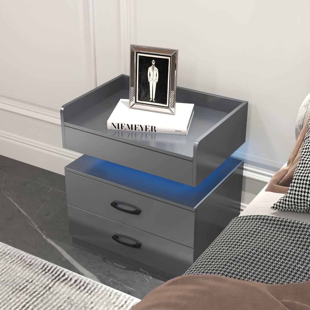Left. Loheer - Loheer LED Nightstand with Adjustable Light, Grey Two Drawer Bedside Table - Grey.