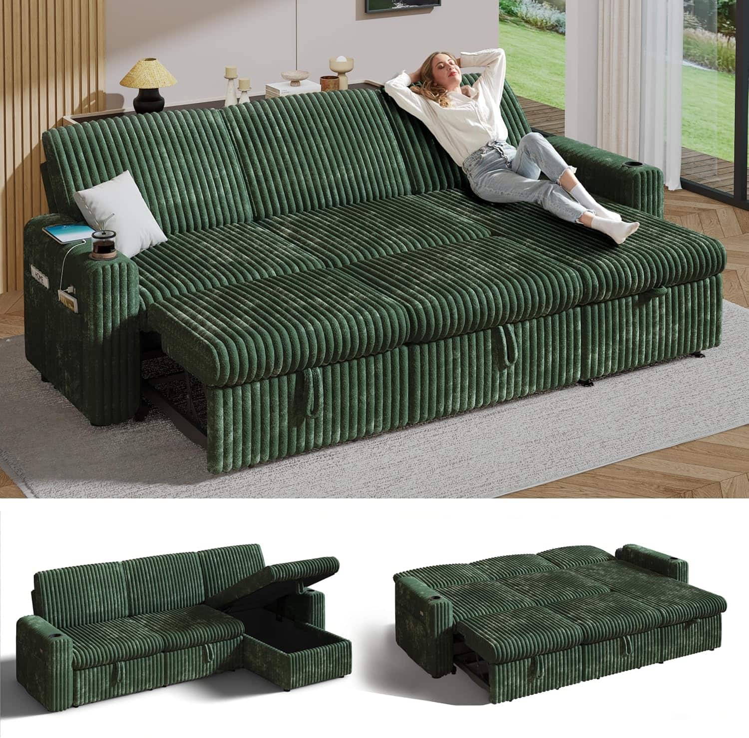 Dyonery - 101" Sectional Sleeper Sofa Bed with Pull Out Bed, L Shaped Couch Sleeper Sofa,Plush Corduroy Green - Green
