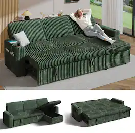 Dyonery - 101" Sectional Sleeper Sofa Bed with Pull Out Bed, L Shaped Couch Sleeper Sofa,Plush Corduroy Green - Green