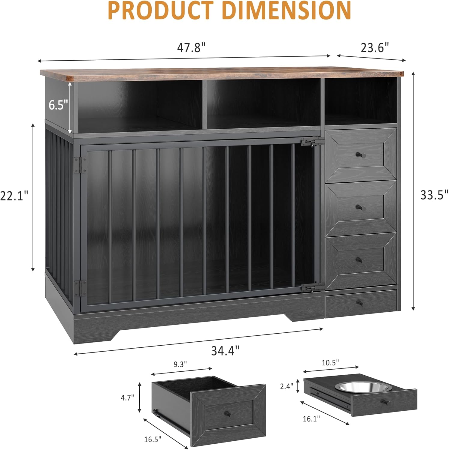 PRODUCT DIMENSION

- Length: 47.8"
- Width: 23.6"
- Height: 33.5"
- Depth: 22.1"
- Drawer 1: 16.1" x 10.5" x 2.4"
- Drawer 2: 16.5" x 9.3" x 4.7"
- Shelf: 34.4" x 6.5"