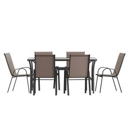 Flash Furniture - Brazos 7 Piece Commercial Grade Patio Dining Set with Tempered Glass Patio Table and 6 Chairs with Flex Comfort Ma - Brown