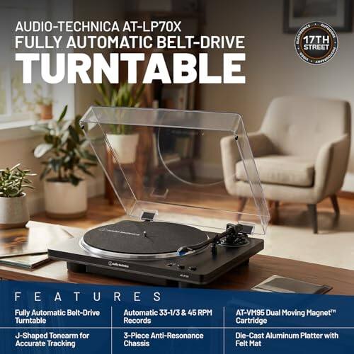 AUDIO-TECHNICA AT-LP70X FULLY AUTOMATIC BELT-DRIVE TURNTABLE

FEATURES
- Fully Automatic Belt-Drive
- Automatic 33-1/3 & 45 RPM Turntable Records
- J-Shaped Tonearm for 3-Piece Anti-Resonance Accurate Tracking Chassis
- AT-VM95 Dual Moving Magnet Cartridge
- Die-Cast Aluminum Platter with Felt Mat