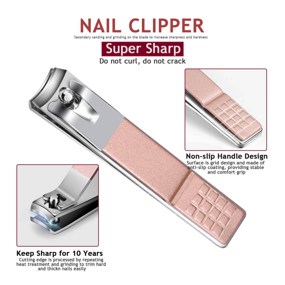 NAIL CLIPPER  
Secondary sanding and grinding on the blade to increase sharpness and hardness  

Super Sharp  
Do not curl, do not crack  

Non-slip Handle Design  
Surface is grid design and made of anti-slip coating, providing stable and comfort grip  

Keep Sharp for 10 Years  
Cutting edge is processed by repeating heat treatment and grinding to trim hard and thick nails easily