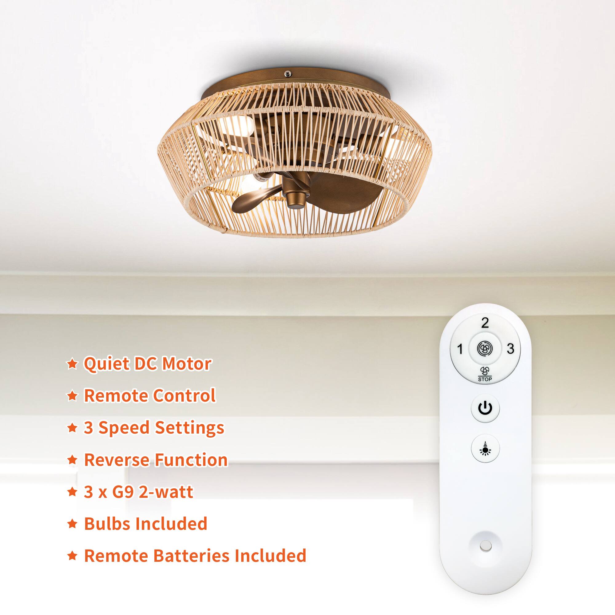 - Quiet DC Motor
- Remote Control
- 3 Speed Settings
- Reverse Function
- 3 x G9 2-watt Bulbs Included
- Remote Batteries Included