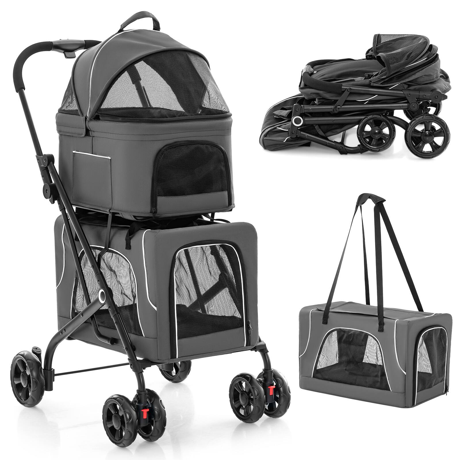 Costway - Double Pet Stroller for 2 Dogs or Cats w/ 2 Detachable Carriers Safety Belt