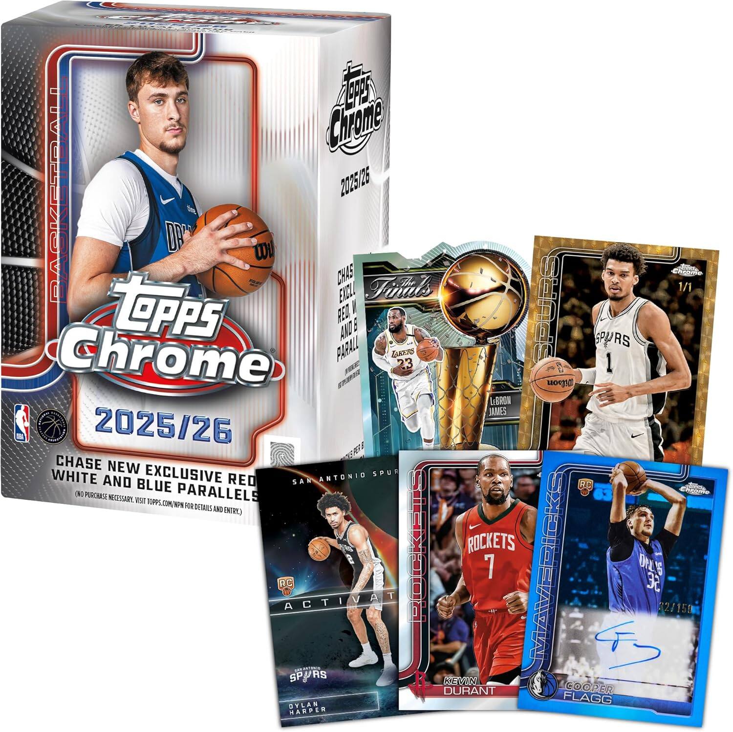 Topps Chrome 2025/26  
Basketball  
Chase New Exclusive Red, White and Blue Parallels  
(No Purchase Necessary. Visit Topps.com/Chrome for Details and Entries)  
Finals 1/1  
Lakers vs. Spurs  
Lakers: LeBron James  
Spurs: 1  
Rockets: Kevin Durant  
Mavericks: 7  
RC: Dylan Harper  
RC: Kevin Durant  
RC: Cooper Flagg  
32/150