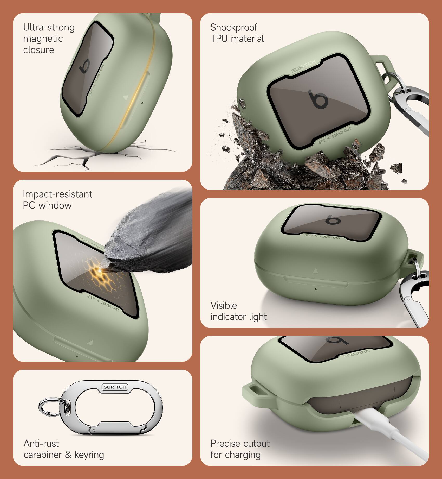 Ultra-strong magnetic closure  
Shockproof TPU material  
Impact-resistant PC window  
Visible indicator light  
Anti-rust carabiner & keyring  
Precise cutout for charging