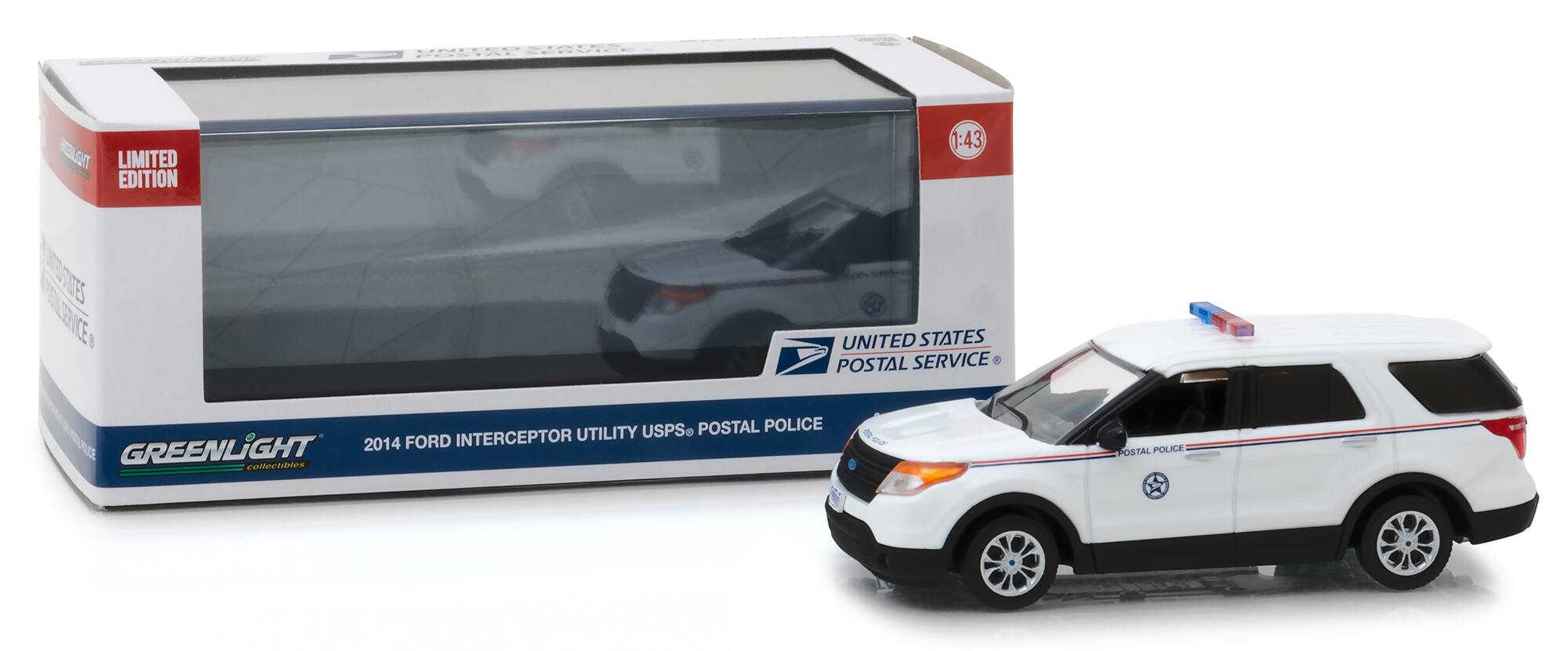 LIMITED EDITION  
1:43  
UNITED STATES POSTAL SERVICE  
GREENLIGHT  
2014 FORD INTERCEPTOR UTILITY USPS POSTAL POLICE