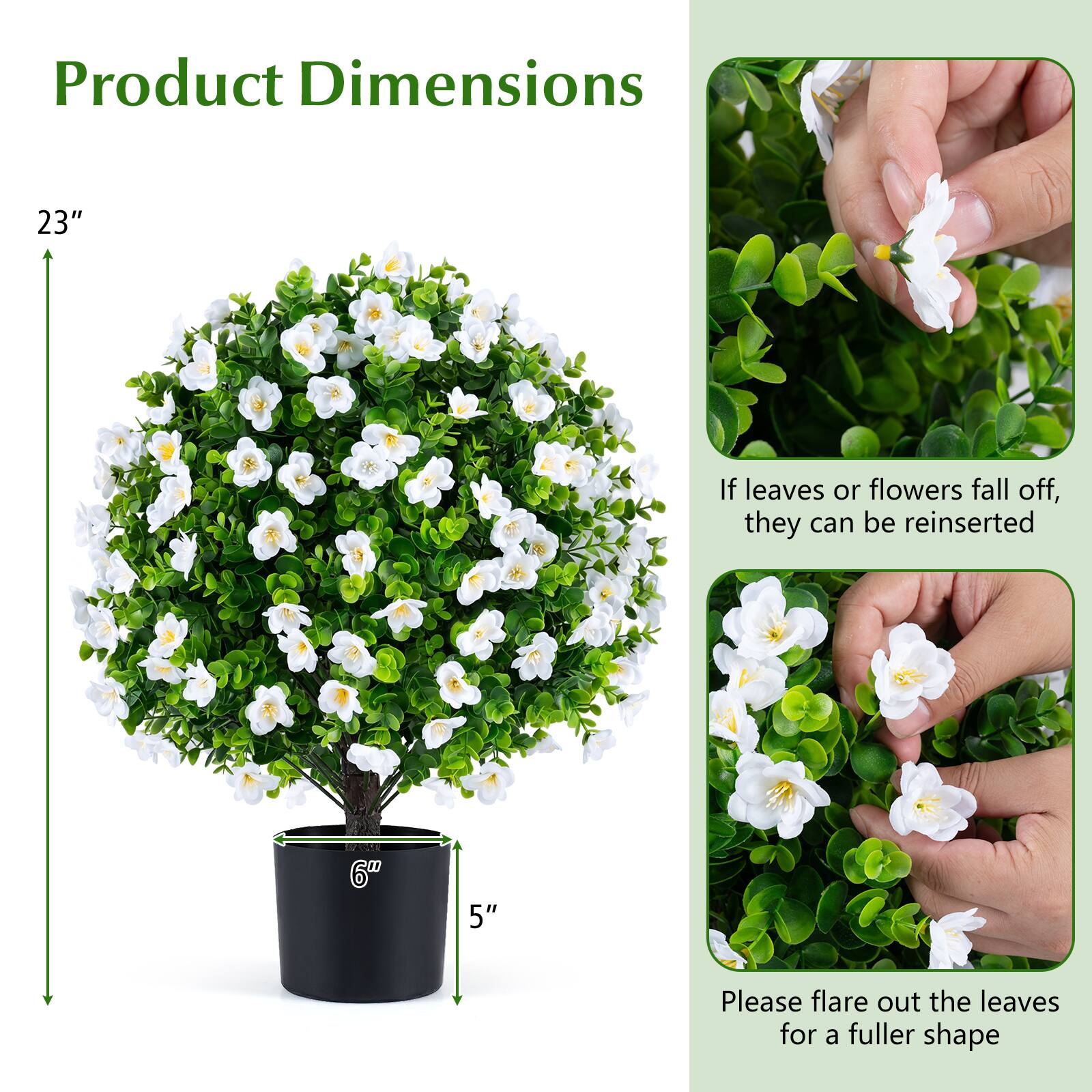 Product Dimensions  
23"  
6"  
5"  

If leaves or flowers fall off, they can be reinserted  

Please flare out the leaves for a fuller shape