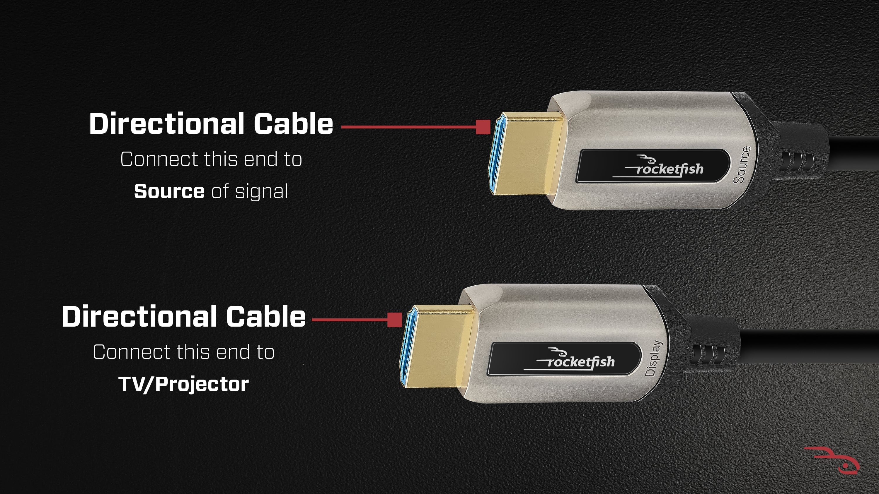 Directional Cable: Connect this end to Source of signal (rocketfish).
Directional Cable: Connect this end to TV/Projector (rocketfish).