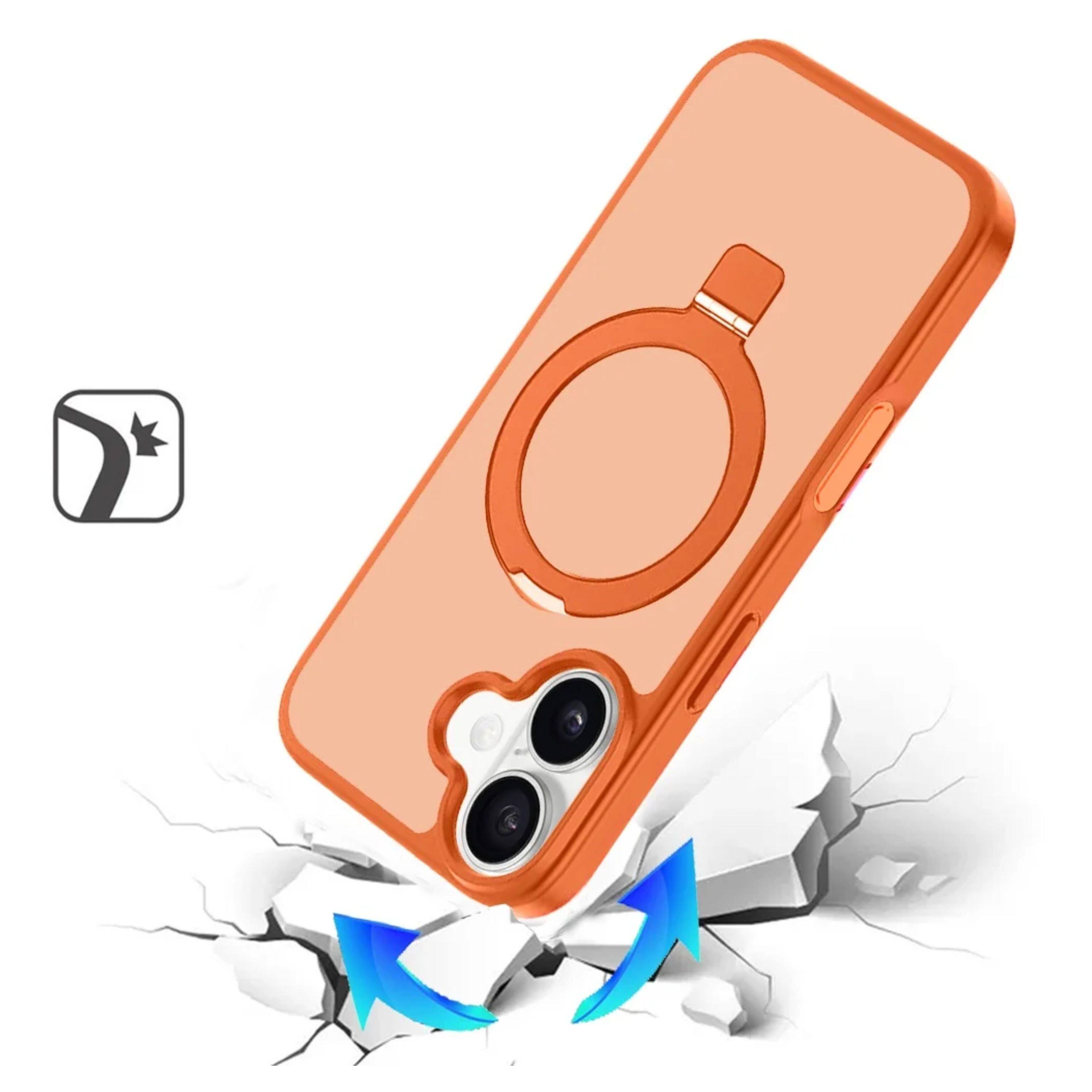 Angle. Kitcheniva - Raised Bezels Magnetic Metal Circle Stand Rugged Phone Case With Tempered Glass For iPhone 17 Cosmic Orange - Cosmic Orange.