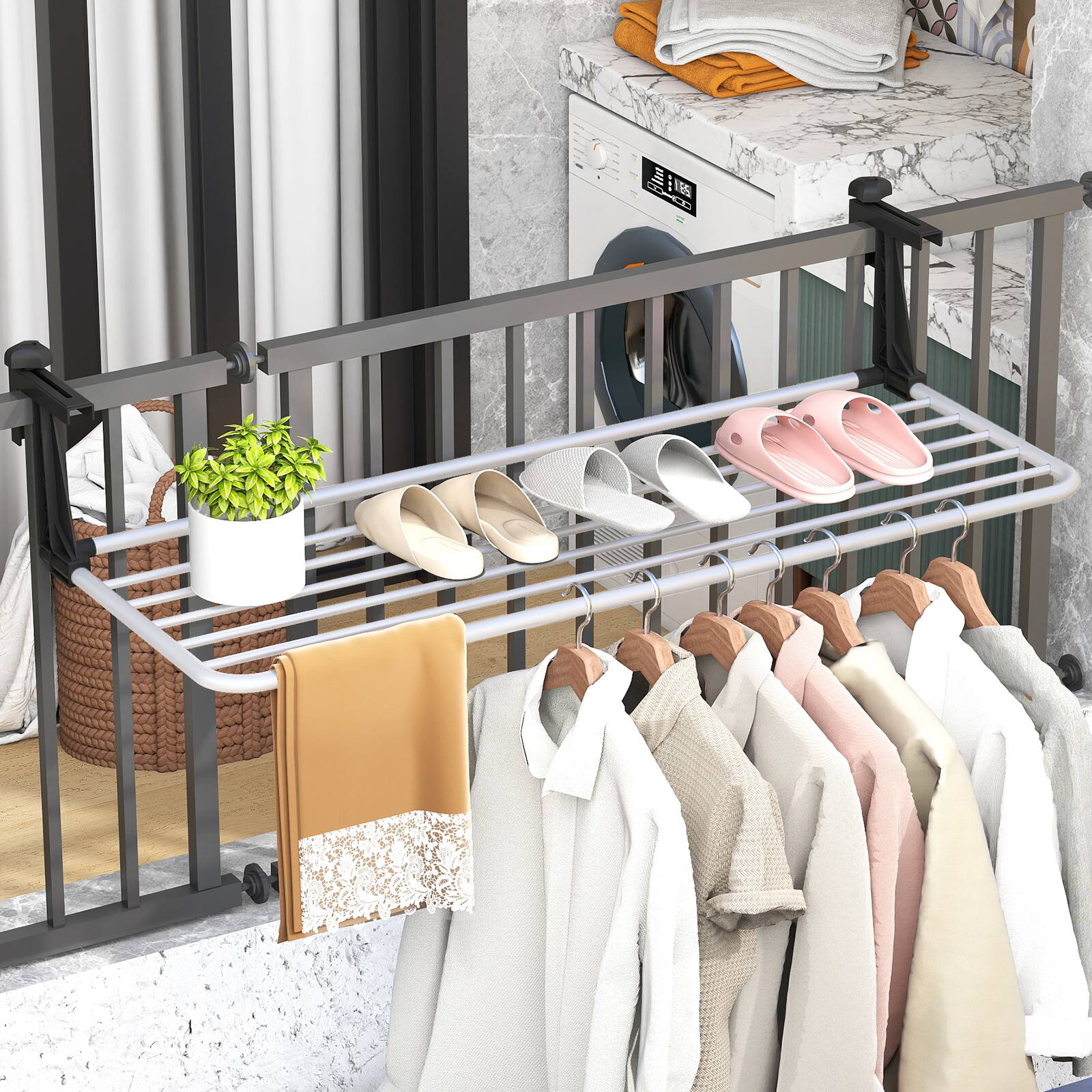 Alt View 4. Gymax - Gymax Portable Clothes Drying Rack Extendable Radiator Clothes Airer w/Aluminum Frame - Silver.