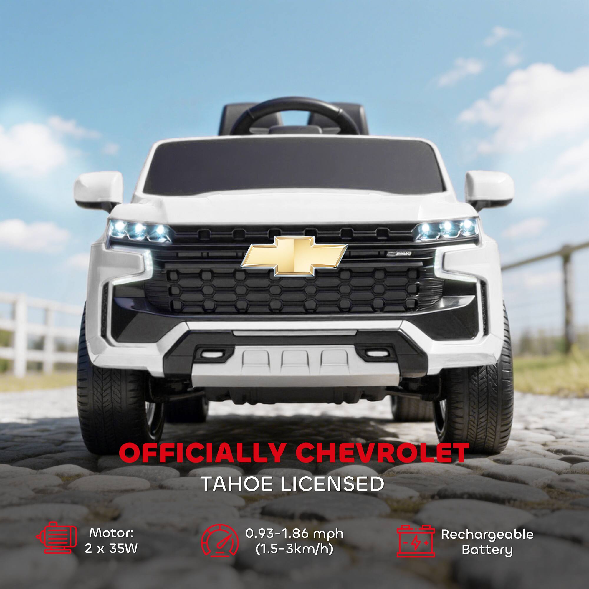 - OFFICIALLY CHEVROLET LICENSED
- TAHOE
- Motor: 2 x 35W
- 0.93-1.86 mph (1.5-3 km/h)
- Rechargeable Battery