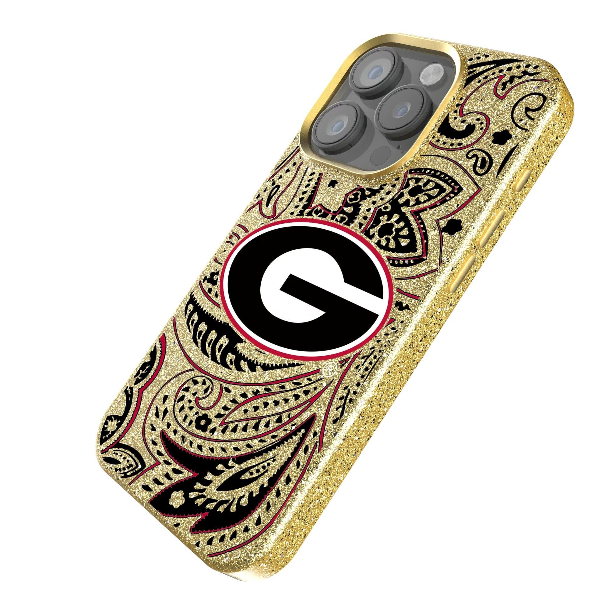 Alt View 1. Keyscaper - Georgia Bulldogs Paisley Bling iPhone Case - 15 Pro - Gold.