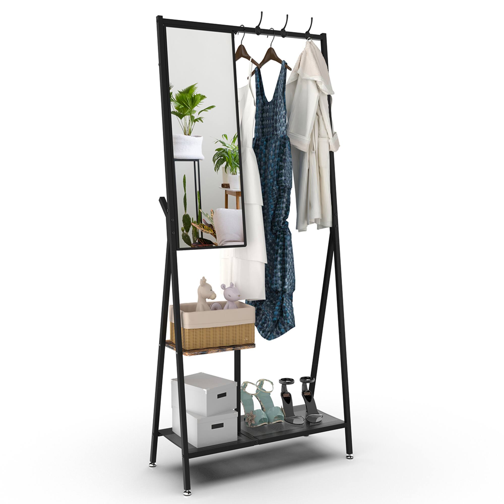 Alt View 4. GOODSILO - Multifunctional Wall-Mounted Coat Rack with Integrated Mirror and Shoe Storage for Entryway Organization - Black+Brown.