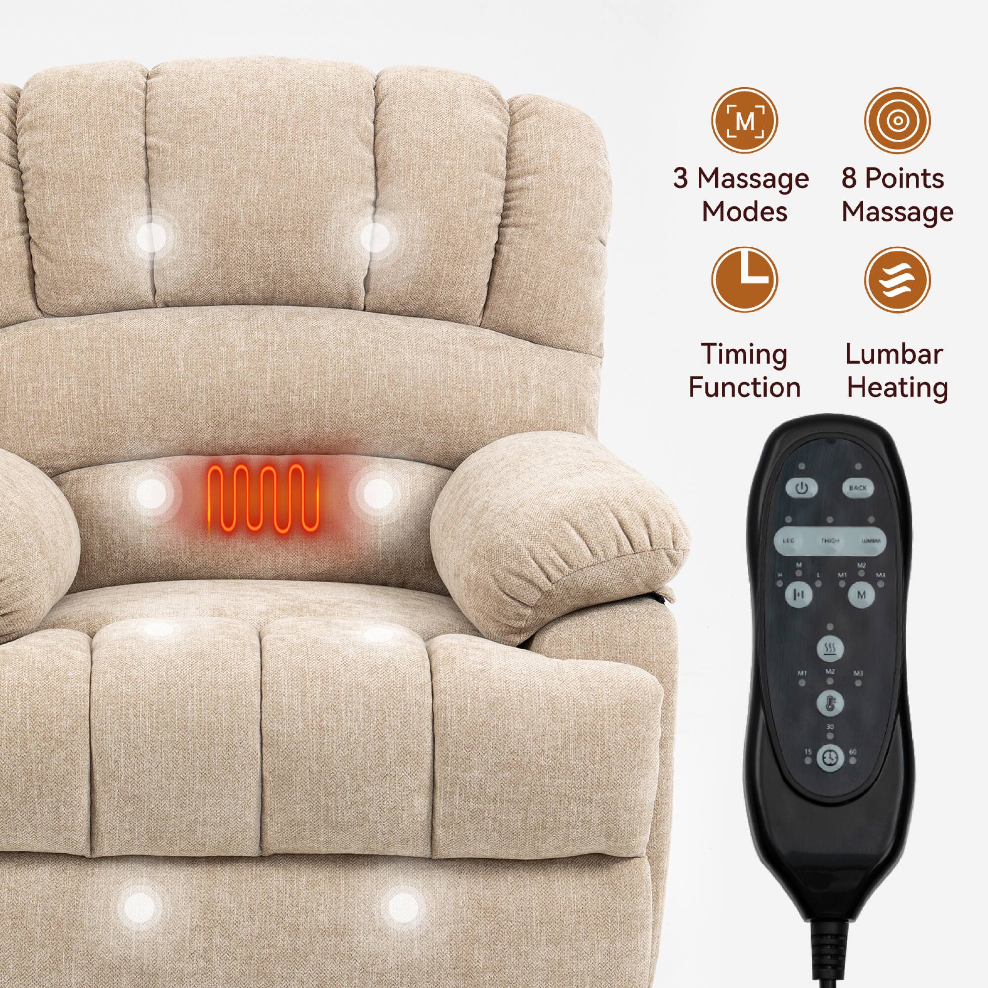3 Massage Modes  
8 Points Massage  
Timing Function  
Lumbar Heating