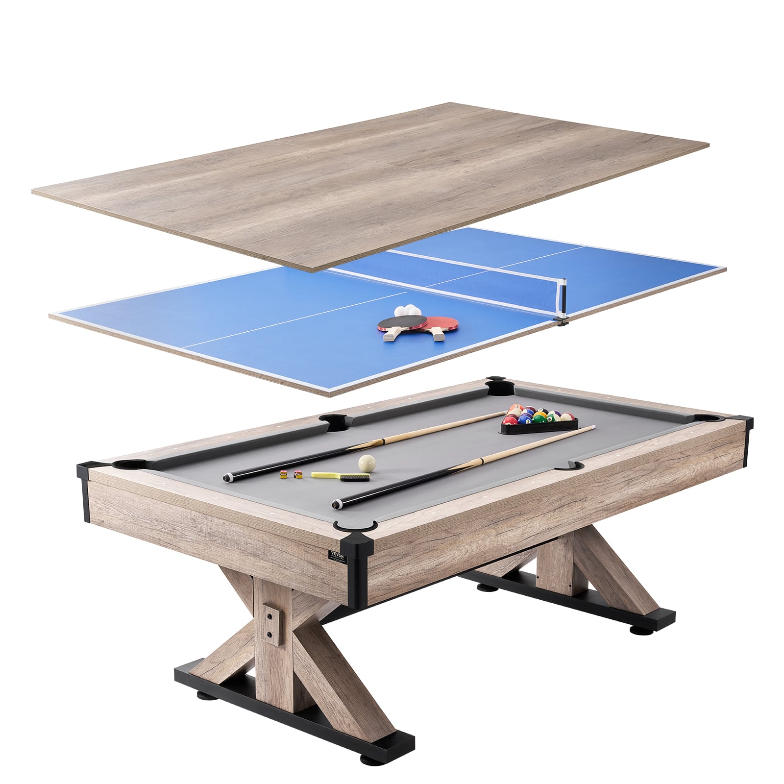 Front. VEVOR - Billiards Table Combo Set,7ft 3-in-1 Multi Game Table with Dining,Pool,and Tennis Table,Includes Full Set of Accessories - Gray, Wood.