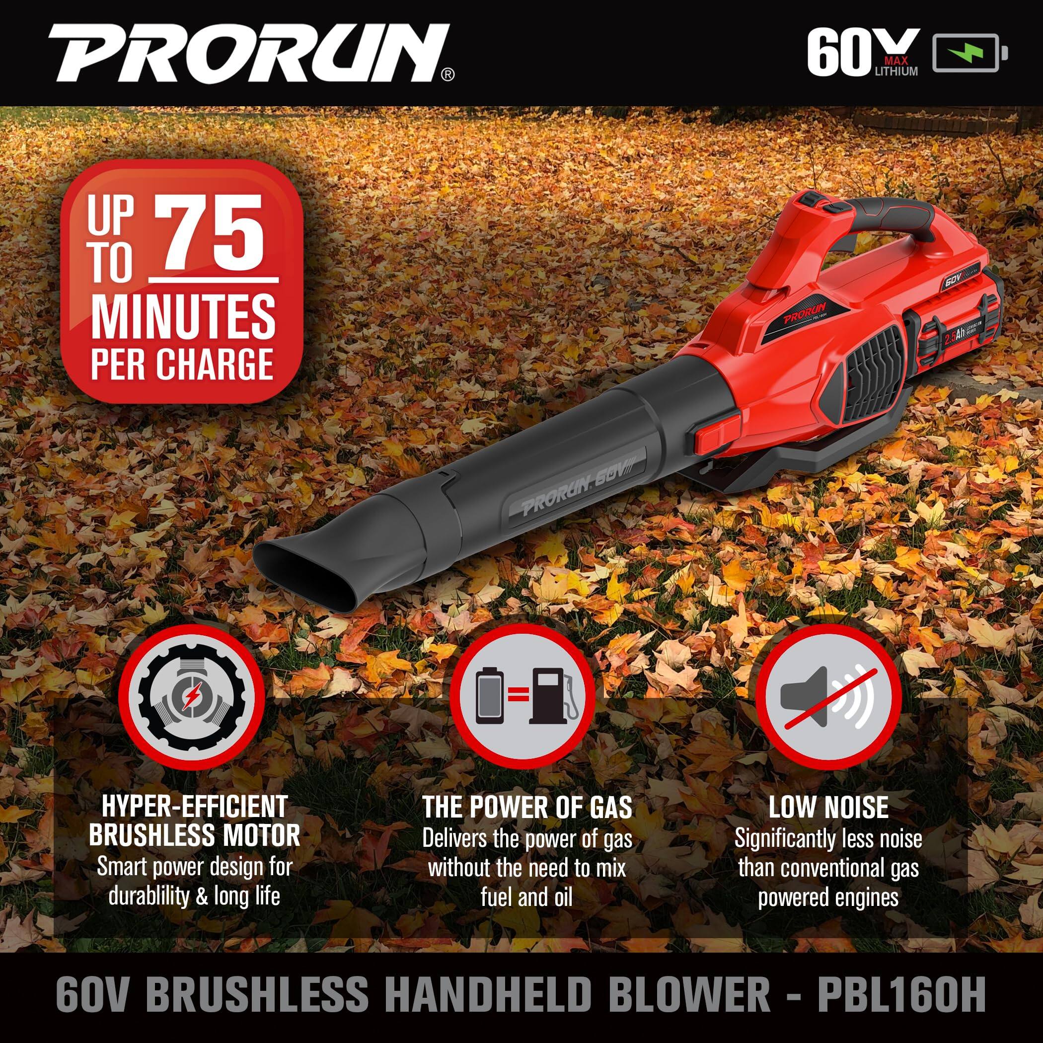 PRORUN 60V LITHIUM MAX UP TO 75 MINUTES PER CHARGE
PRORUN HYPER-EFFICIENT BRUSHLESS MOTOR Smart power design for durability & long life
THE POWER OF GAS Delivers the power of gas without the need to mix fuel and oil
LOW NOISE Significantly less noise than conventional gas powered engines
60V BRUSHLESS HANDHELD BLOWER - PBL160H
