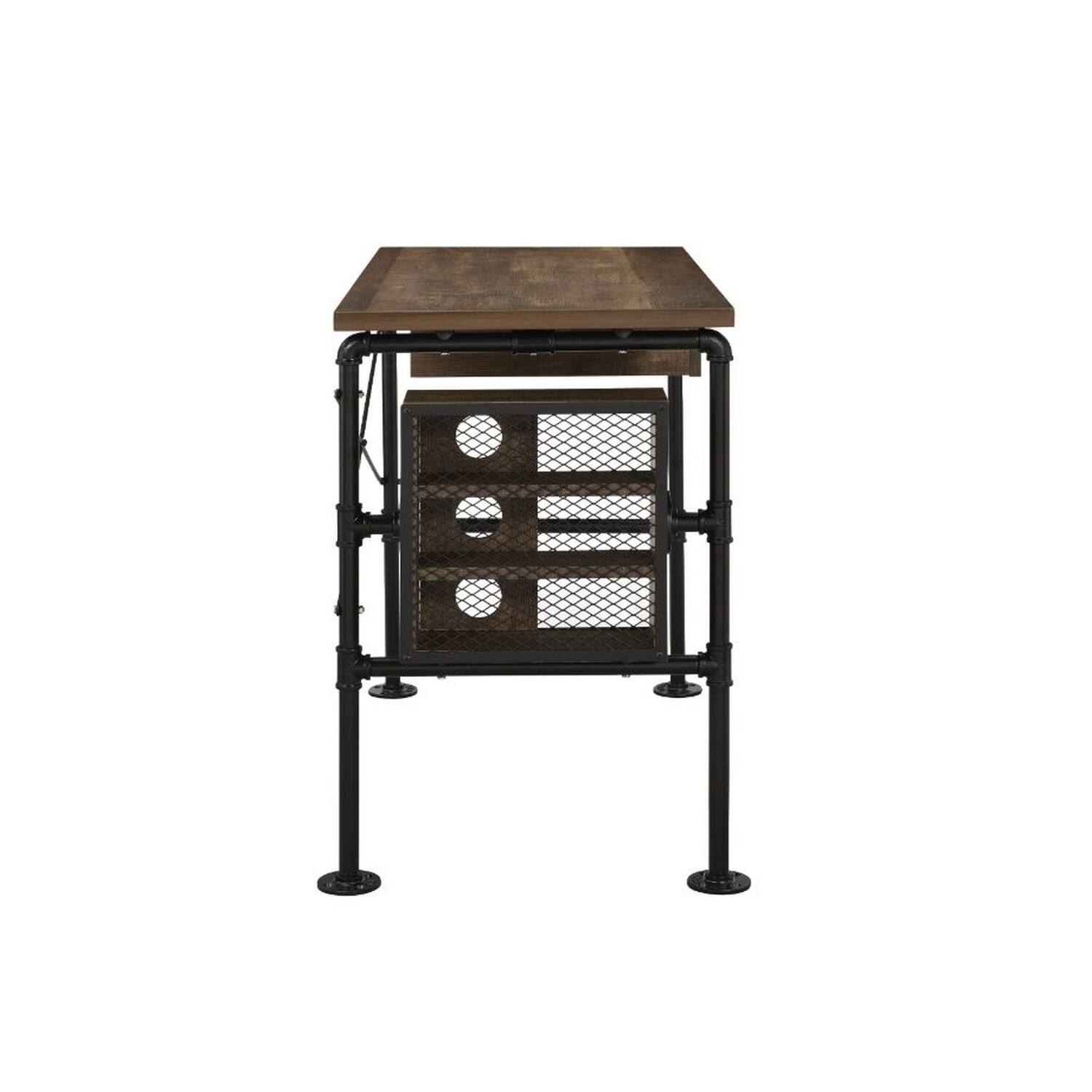 Back. Manhattan Lane - Writing Desk with Industrial Style and 3 Tier Sleek Side Shelves, Oak Brown - Brown.