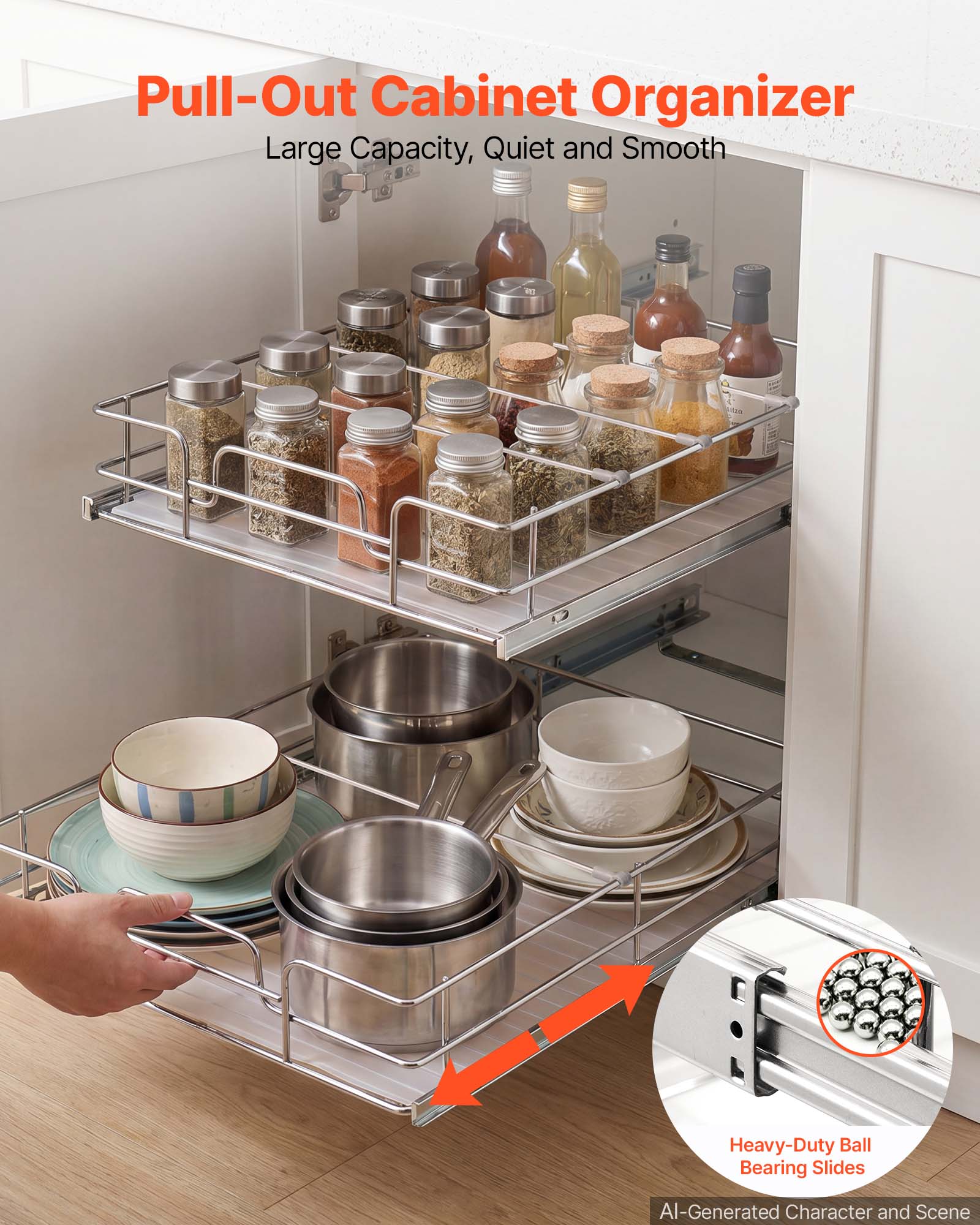 Pull-Out Cabinet Organizer  
Large Capacity, Quiet and Smooth  
Heavy-Duty Ball Bearing Slides  
AI-Generated Character and Scene