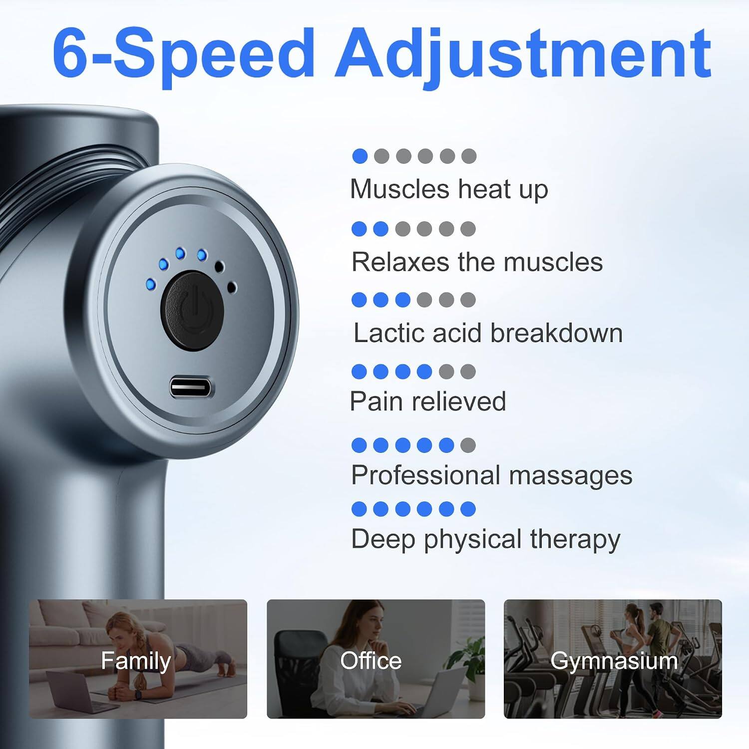 6-Speed Adjustment  
Muscles heat up  
Relaxes the muscles  
Lactic acid breakdown  
Pain relieved  
Professional massages  
Deep physical therapy  

Family  
Office  
Gymnasium