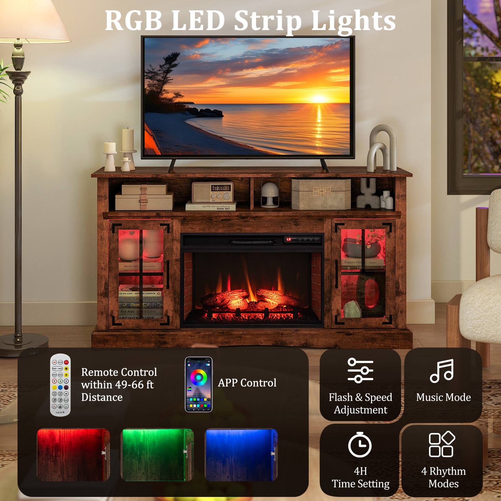 RGB LED Strip Lights TULACRA CC - I  .. E | : Pe - | - - | I : - M OUA -o- - o AOCOE | PAA . . - - - ete - Remote Control within 49-66 ft Distance APP Control Flash & Speed Adjustment Music Mode 4H Time Setting 4 Rhythm Modes