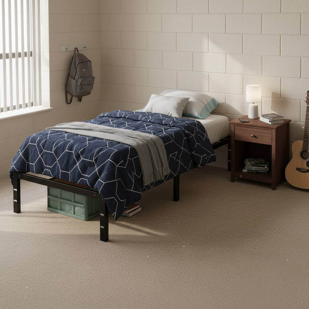 Angle. AOITUN - Heavy Duty Queen Metal Platform Bed Frame, Noise-Free Steel Base, 14 Inch High Clearance, No Box Spring - black.