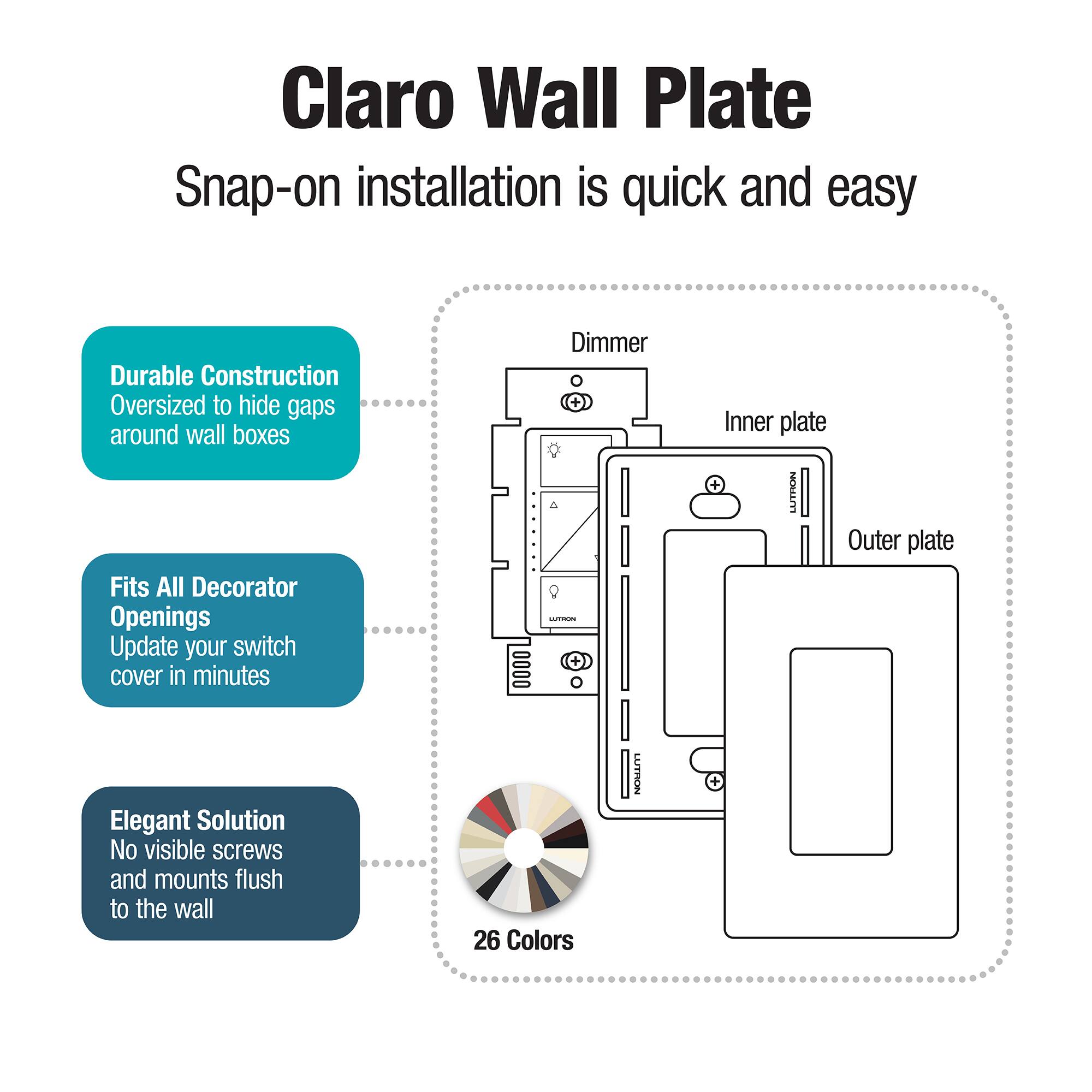 Claro Wall Plate

Snap-on installation is quick and easy

- Durable Construction
  - Oversized to hide gaps around wall boxes

- Fits All Decorator Openings
  - Update your switch cover in minutes

- Elegant Solution
  - No visible screws and mounts flush to the wall

26 Colors