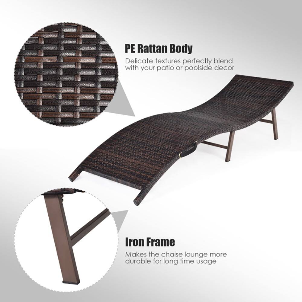 PE Rattan Body  
Delicate textures perfectly blend with your patio or poolside decor  

Iron Frame  
Makes the chaise lounge more durable for long time usage