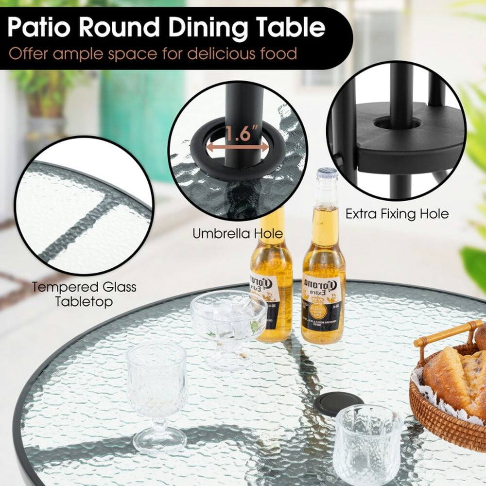 Patio Round Dining Table  
Offer ample space for delicious food  

- Tempered Glass Tabletop  
- 1.6" Umbrella Hole  
- Extra Fixing Hole