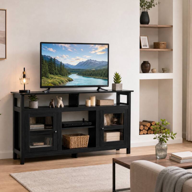 Angle. WELLFOR - 58" TV Stand for TVs up to 65", Entertainment Center with Door & Open Shelf - Black.