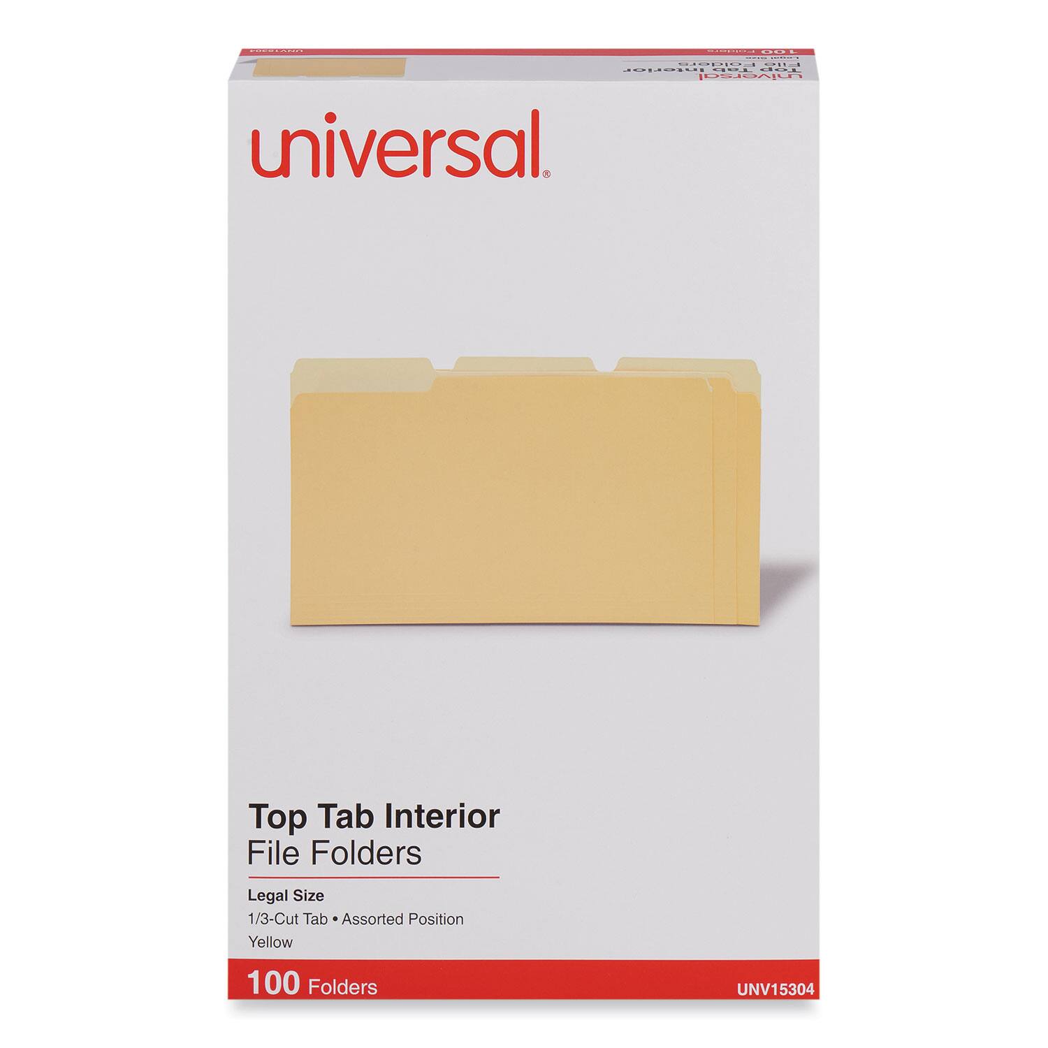 Universal  
Top Tab Interior File Folders  
Legal Size  
1/3-Cut Tab • Assorted Position  
Yellow  
100 Folders  
UNV15304