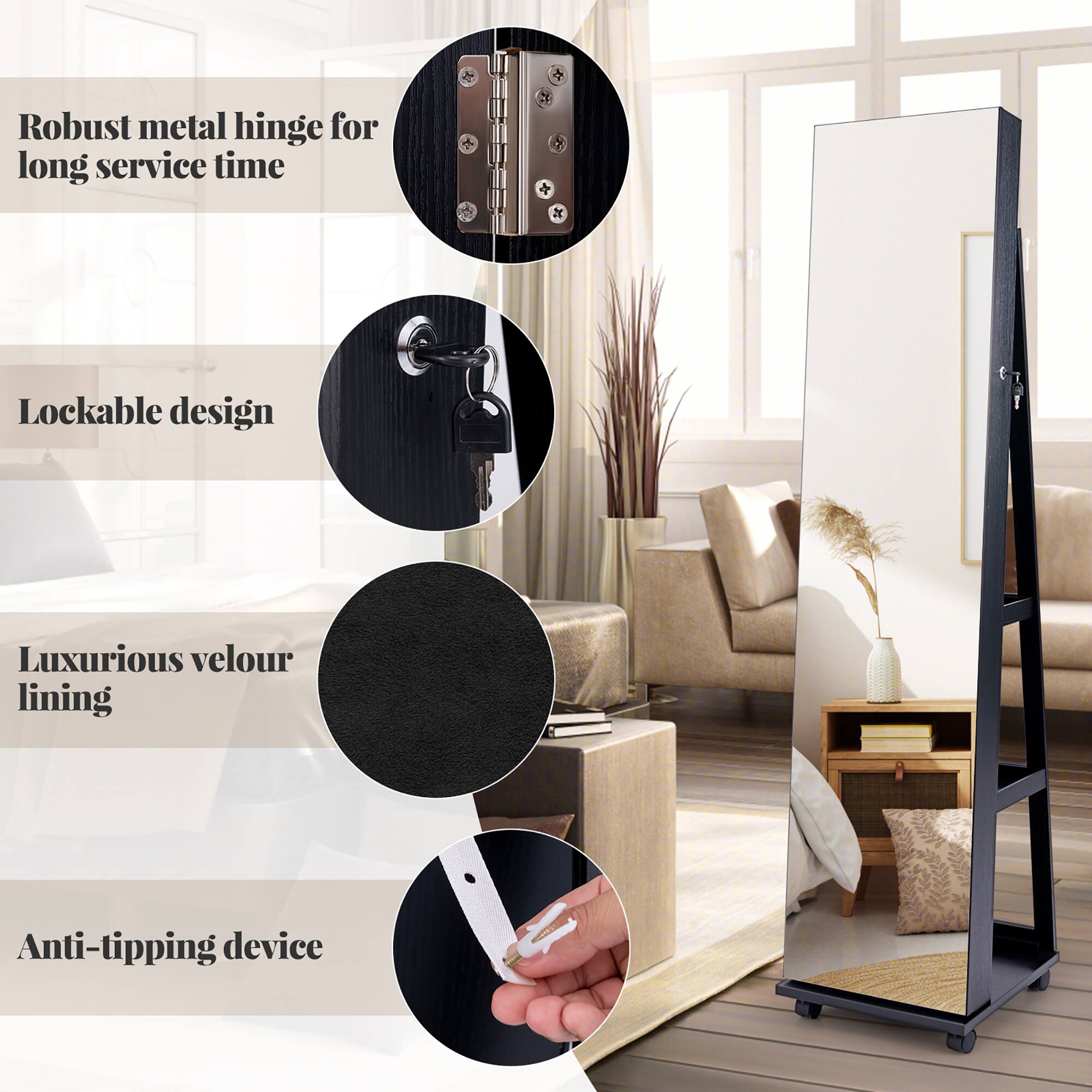 Robust metal hinge for long service time  
Lockable design  
Luxurious velour lining  
Anti-tipping device