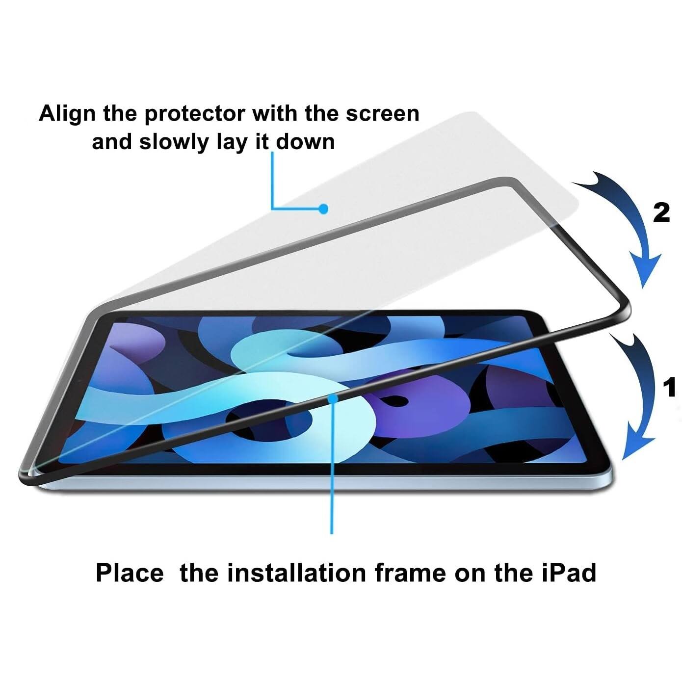 The image shows a clear protector being installed on an iPad. The protector is being carefully aligned with the screen, and it is being slowly laid down to ensure a proper fit. The installation frame is being placed on the iPad, and the protector is being secured in place. The instructions provided are clear and concise, making it easy for the user to follow the installation process.