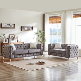 Trinkets Crazed - Chesterfield Sofa Set Of 2 For Living Room,Modern Upholstered Deep Seat Velvet Loveseat And 3-Seater Sofa Couch - Gray