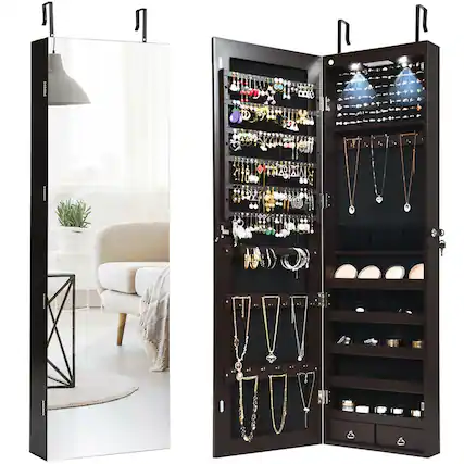 Front. Gymax - Gymax Mirrored Wall & Door Mounted Jewelry Storage Cabinet Organizer W/ Lights&Drawer - Brown.