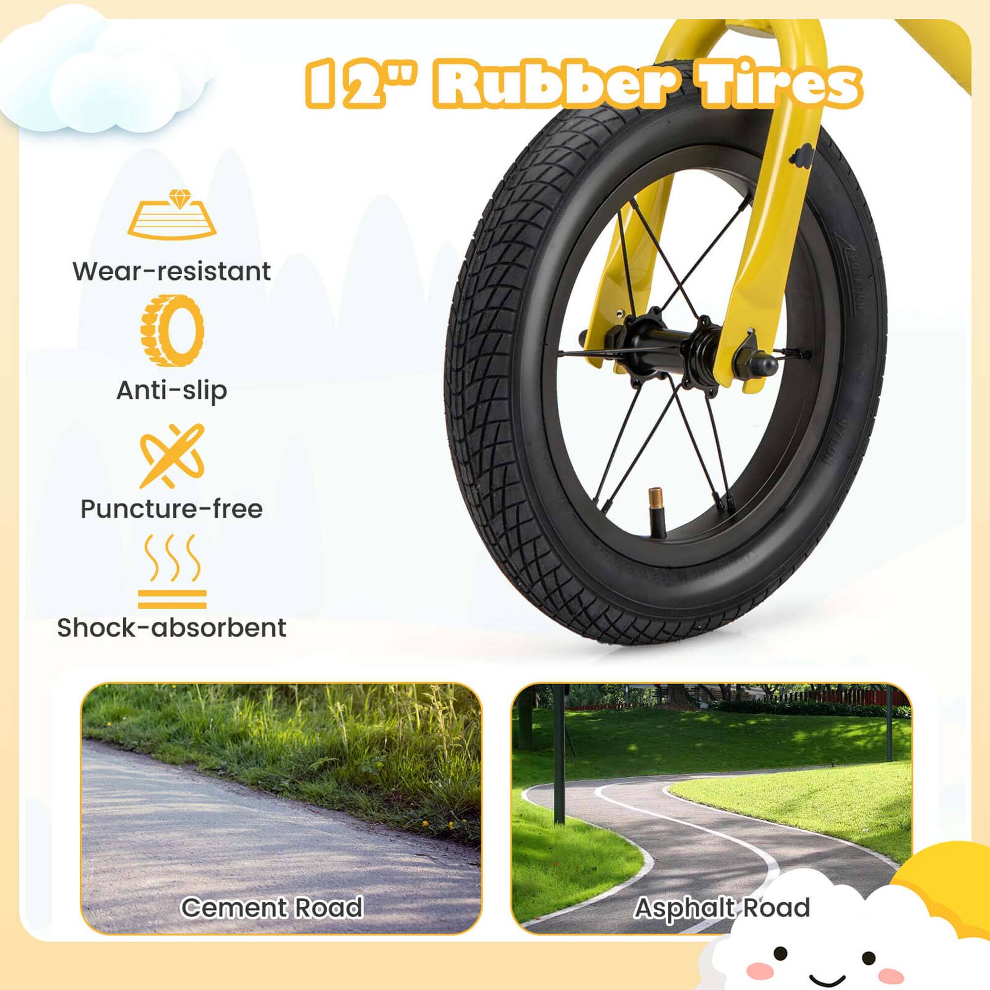 12" Rubber Tires

- Wear-resistant
- Anti-slip
- Puncture-free
- Shock-absorbent

Cement Road

Asphalt Road