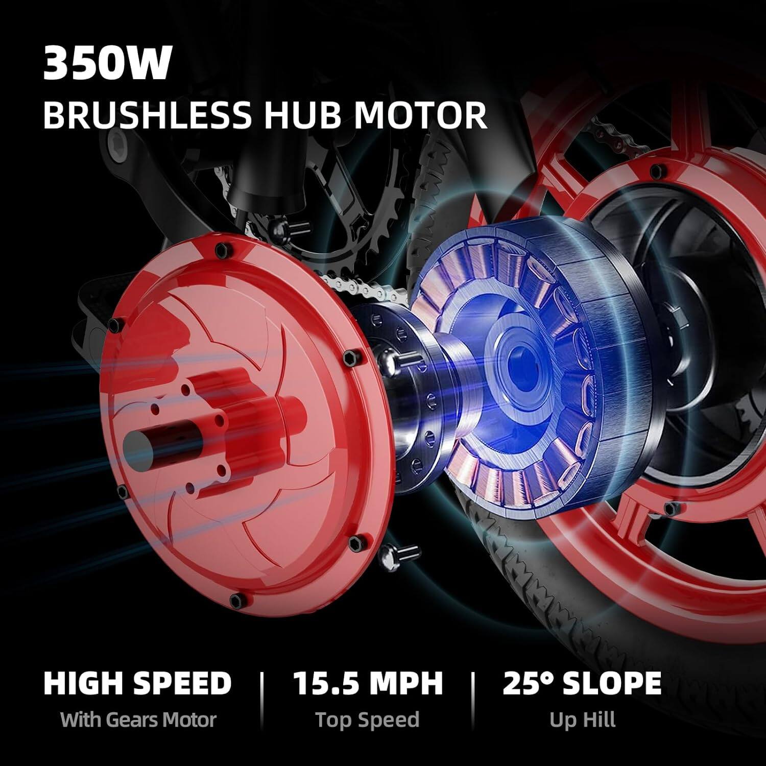 350W BRUSHLESS HUB MOTOR

HIGH SPEED  
With Gears Motor

15.5 MPH  
Top Speed

25° SLOPE  
Up Hill
