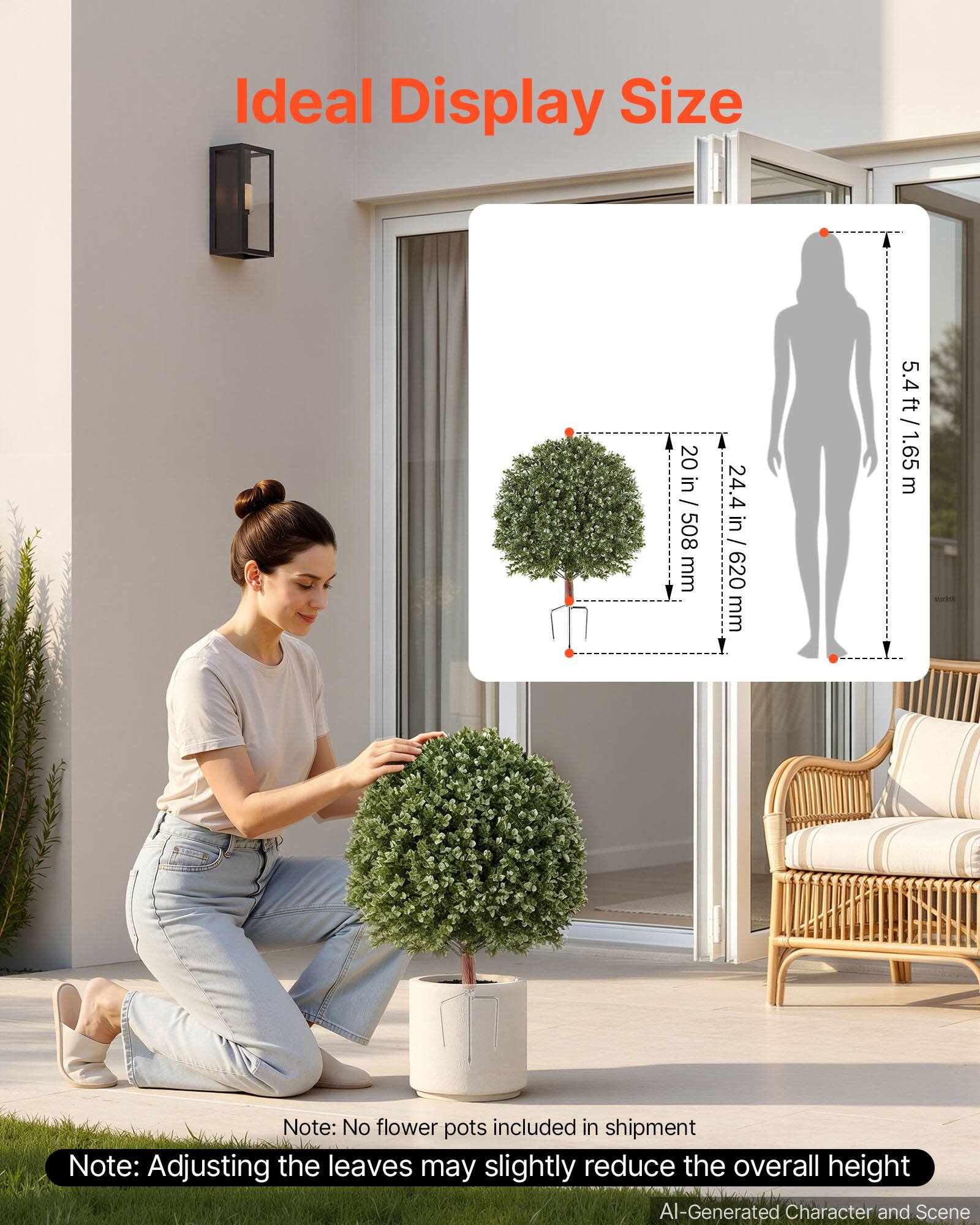 Ideal Display Size
20 in / 508 mm
24.4 in / 620 mm
5.4 ft / 1.65 m

Note: No flower pots included in shipment
Note: Adjusting the leaves may slightly reduce the overall height

AI-Generated Character and Scene